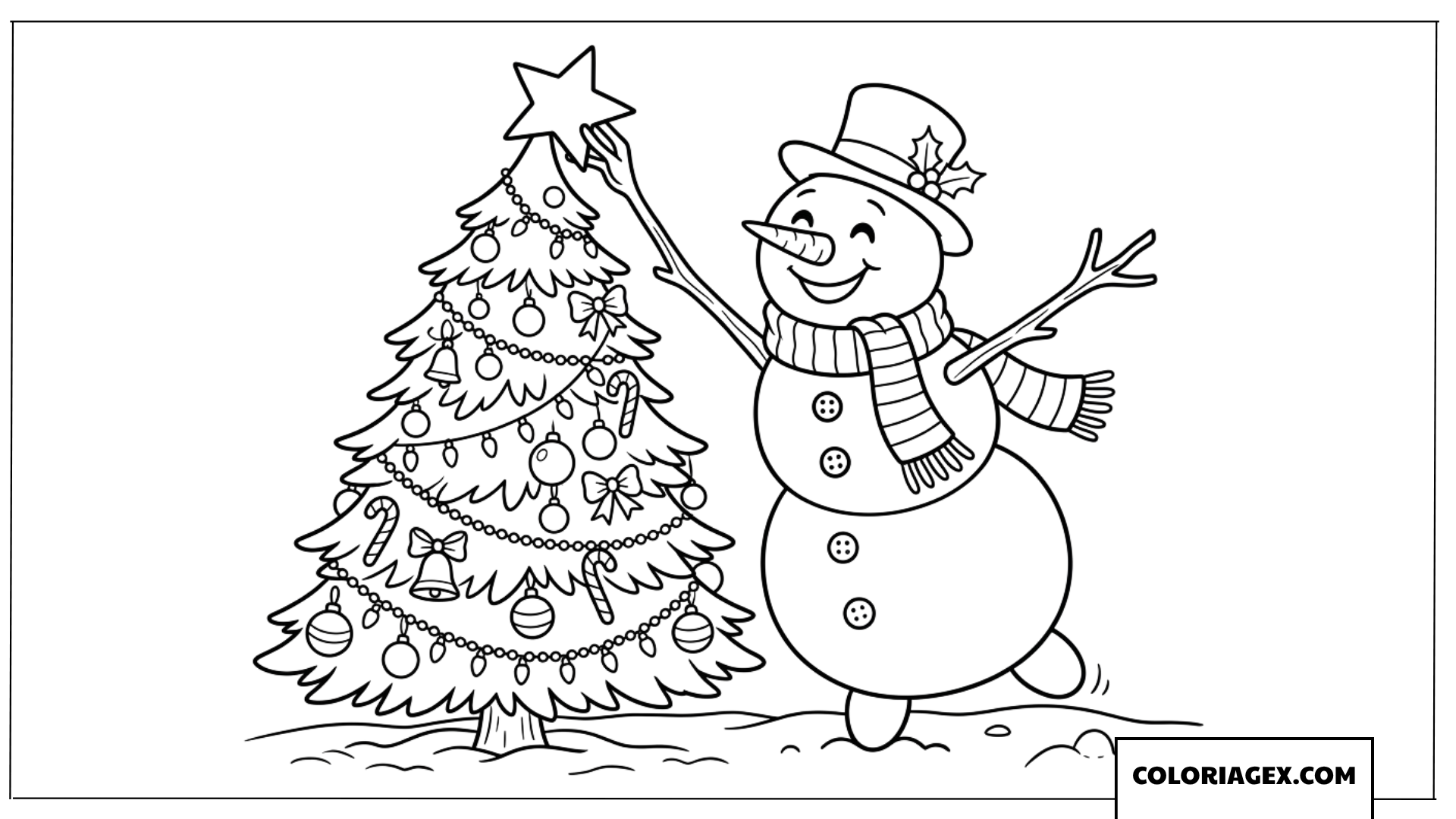 Dessin d'un bonhomme de neige plaçant l'étoile sur le sapin