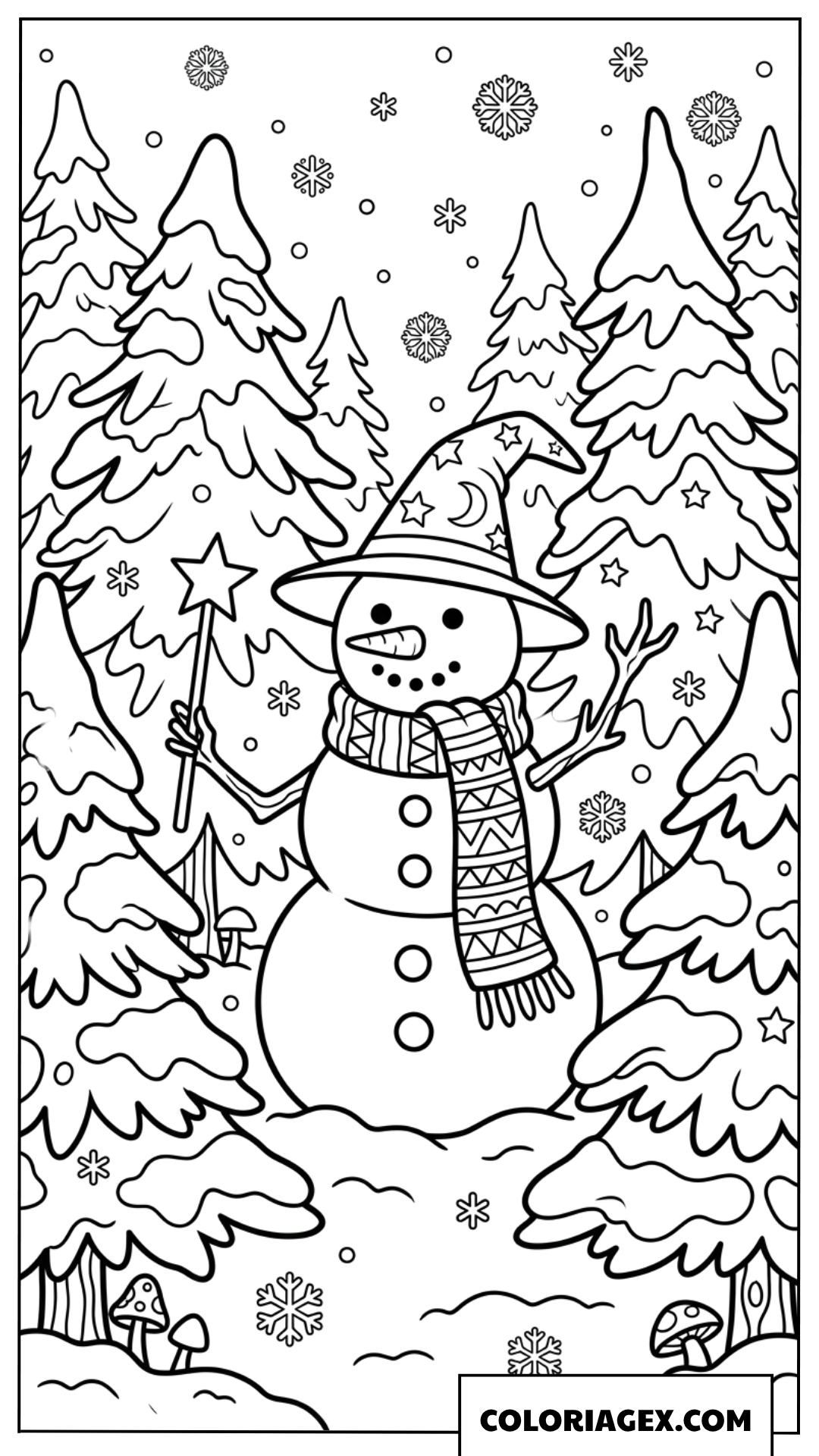Dessin d'un bonhomme de neige sorcier dans la forêt enneigée