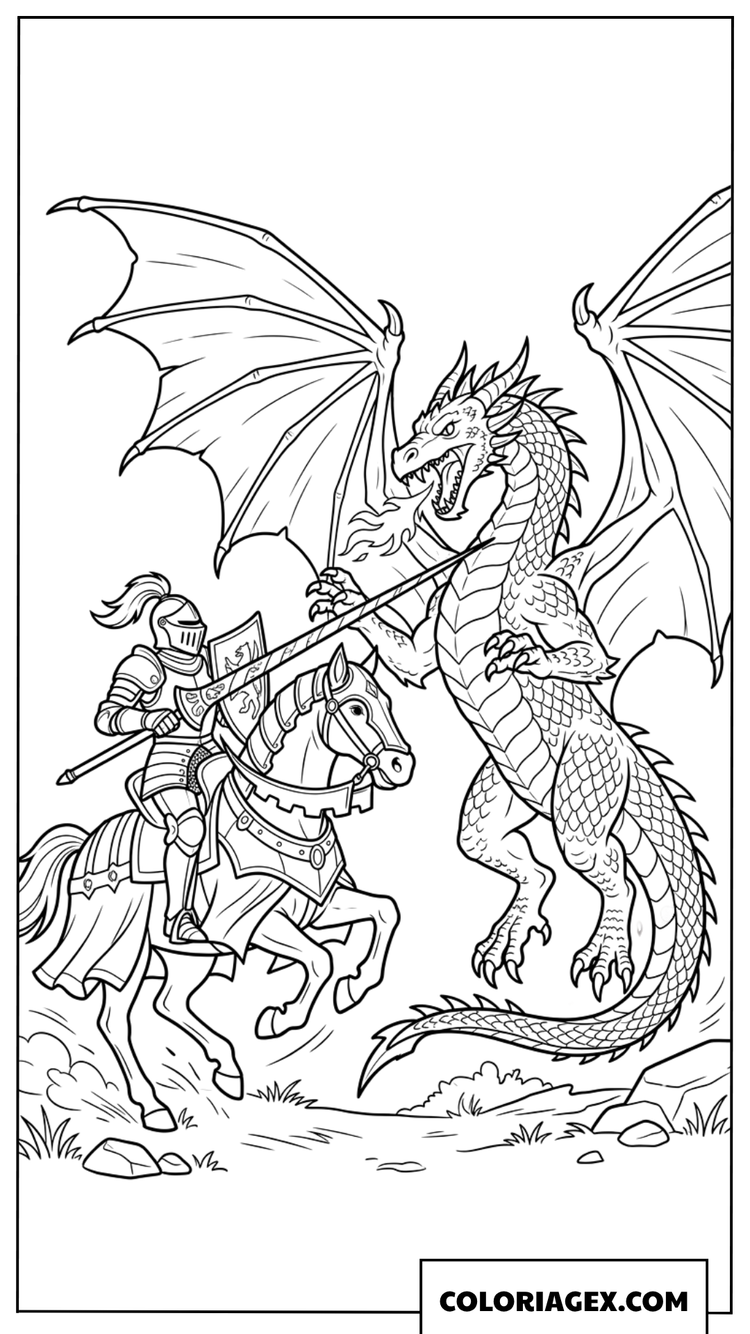 Dessin dun chevalier courageux a cheval affrontant un dragon volant
