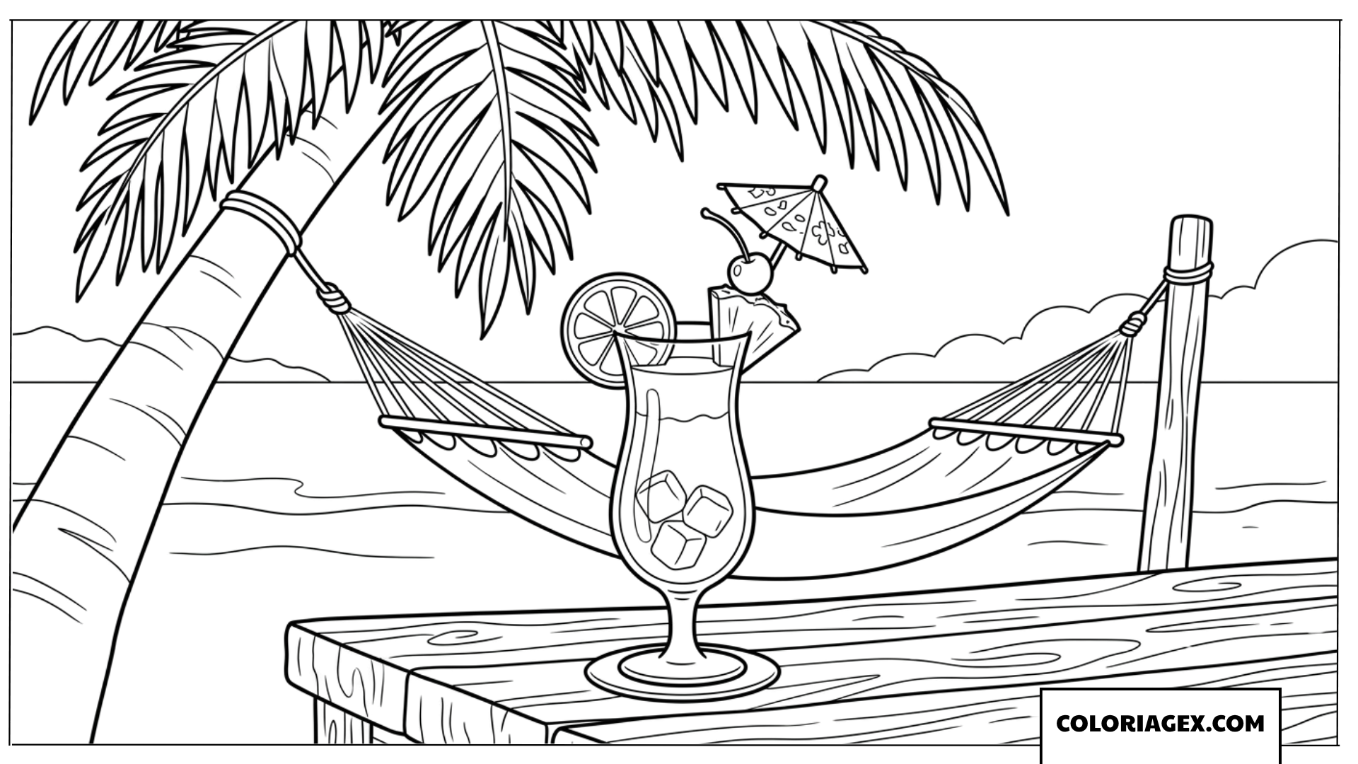Dessin d'un cocktail Bahama Mama rafraîchissant près d'un hamac