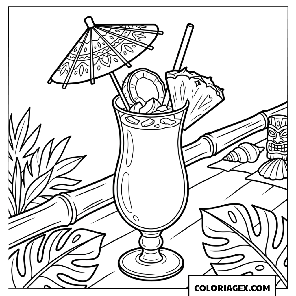 Dessin d'un cocktail Piña Colada tropical avec une statue Tiki