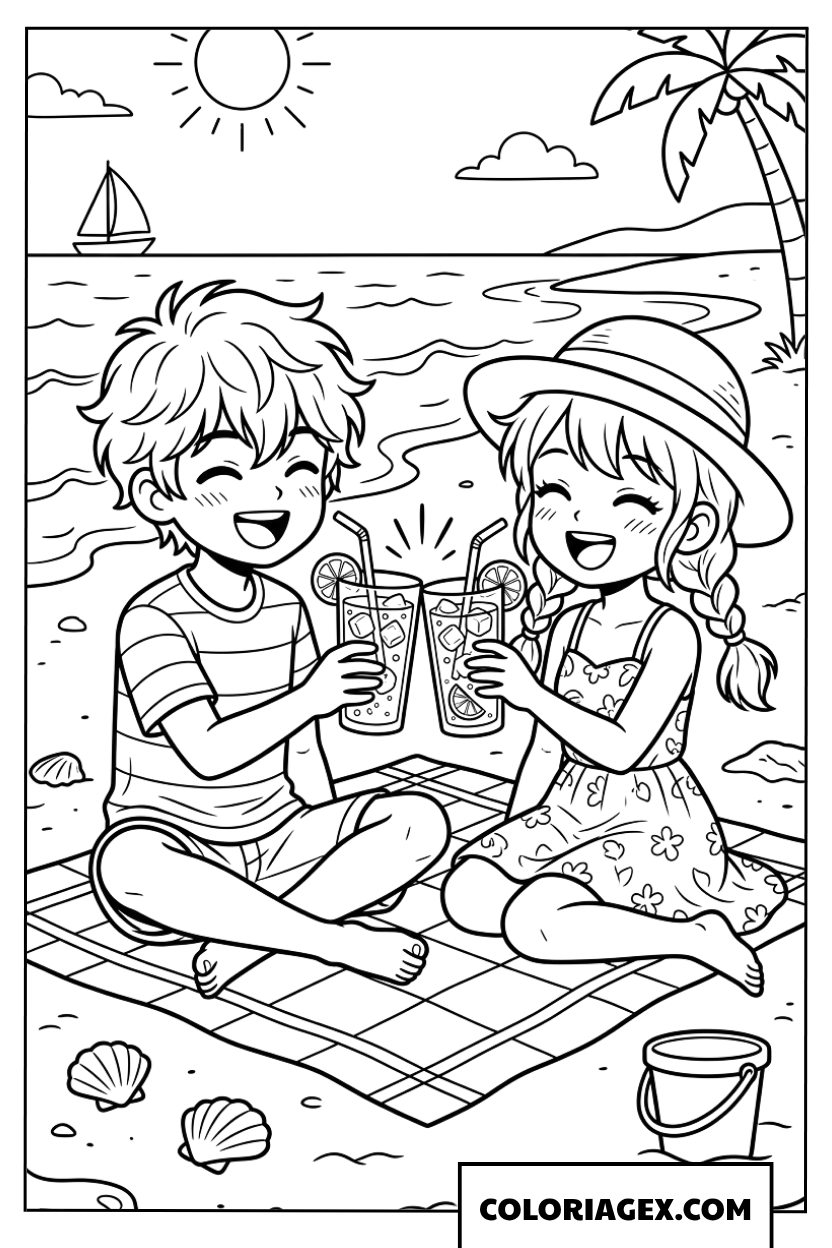 Dessin d'un couple anime buvant de la limonade sur la plage