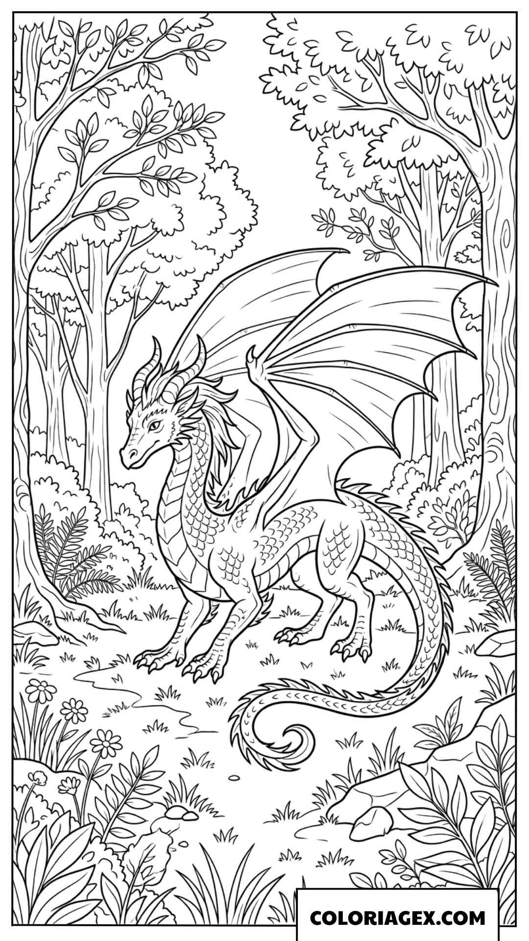 Dessin d'un dragon ailé dans une forêt