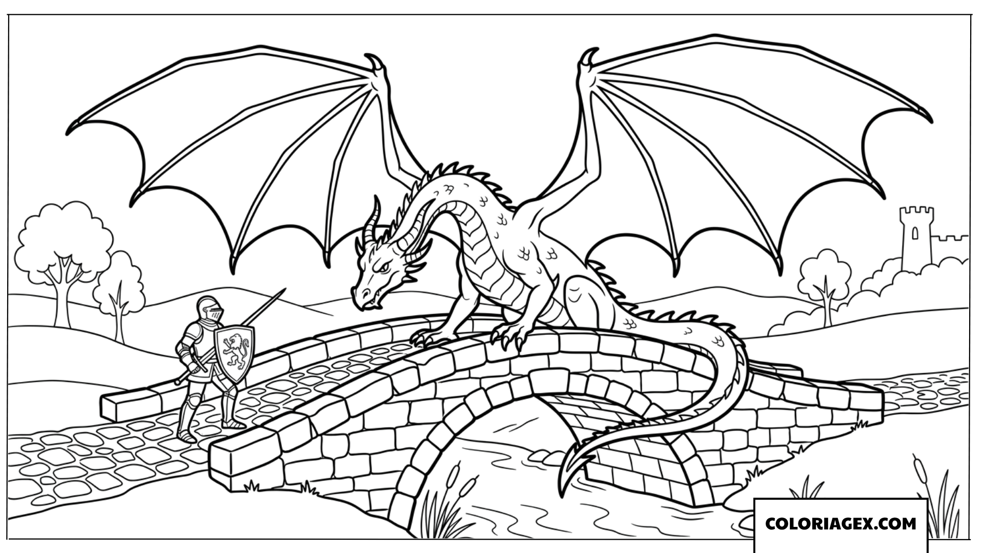 Dessin d'un dragon ailé face à un chevalier sur un pont