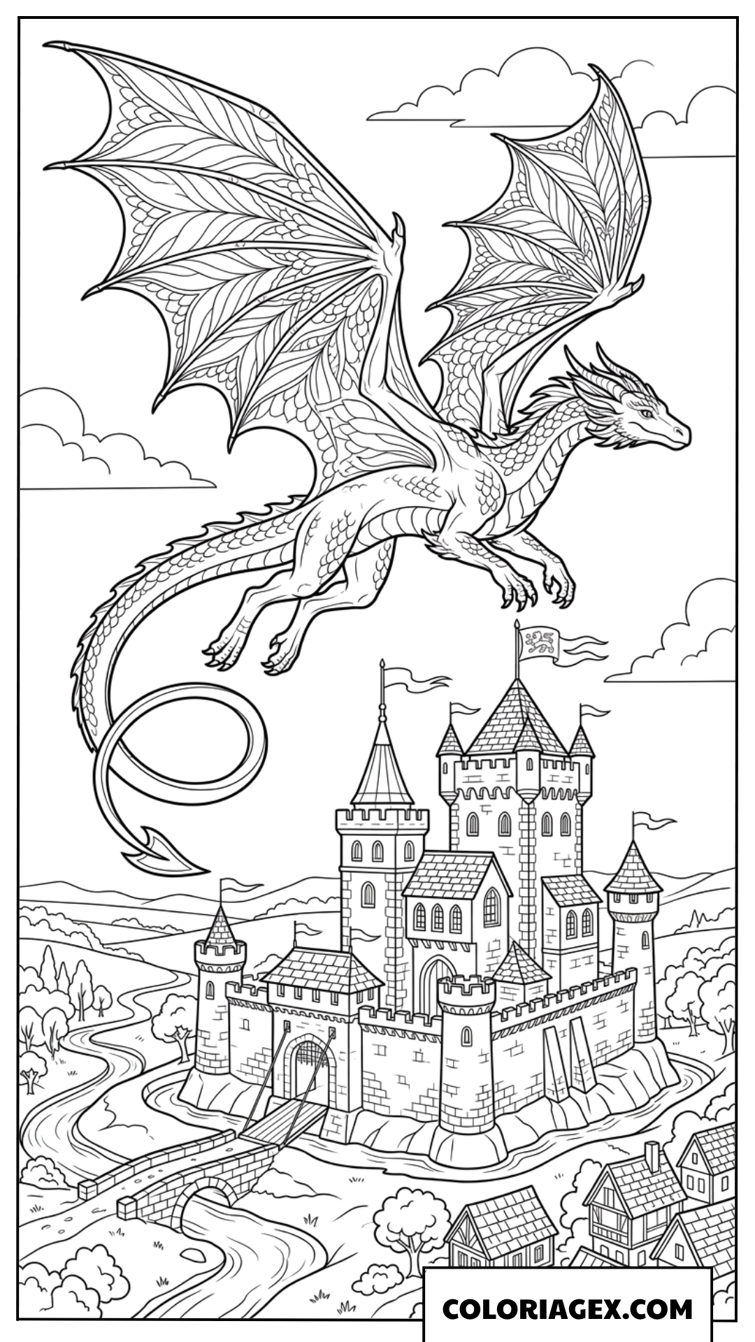 Dessin d'un dragon ailé survolant un château