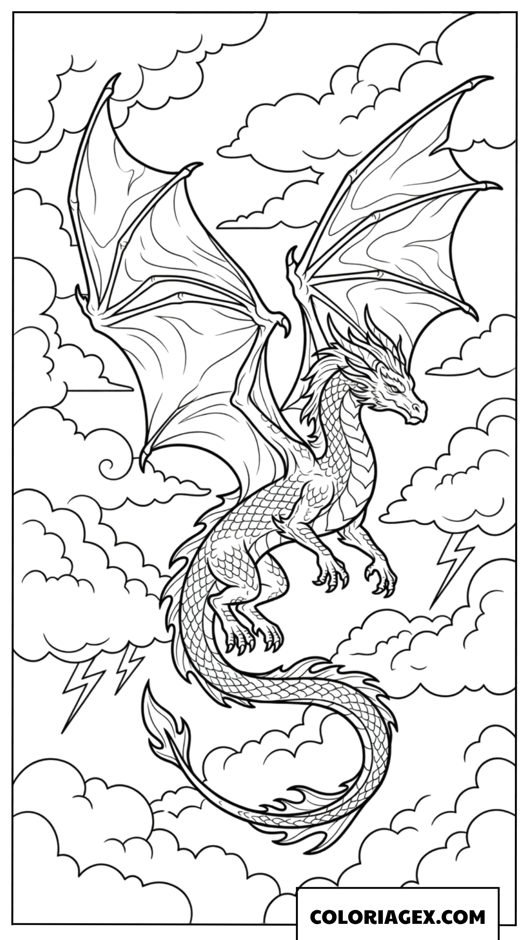 Dessin d'un dragon ailé volant dans les nuages