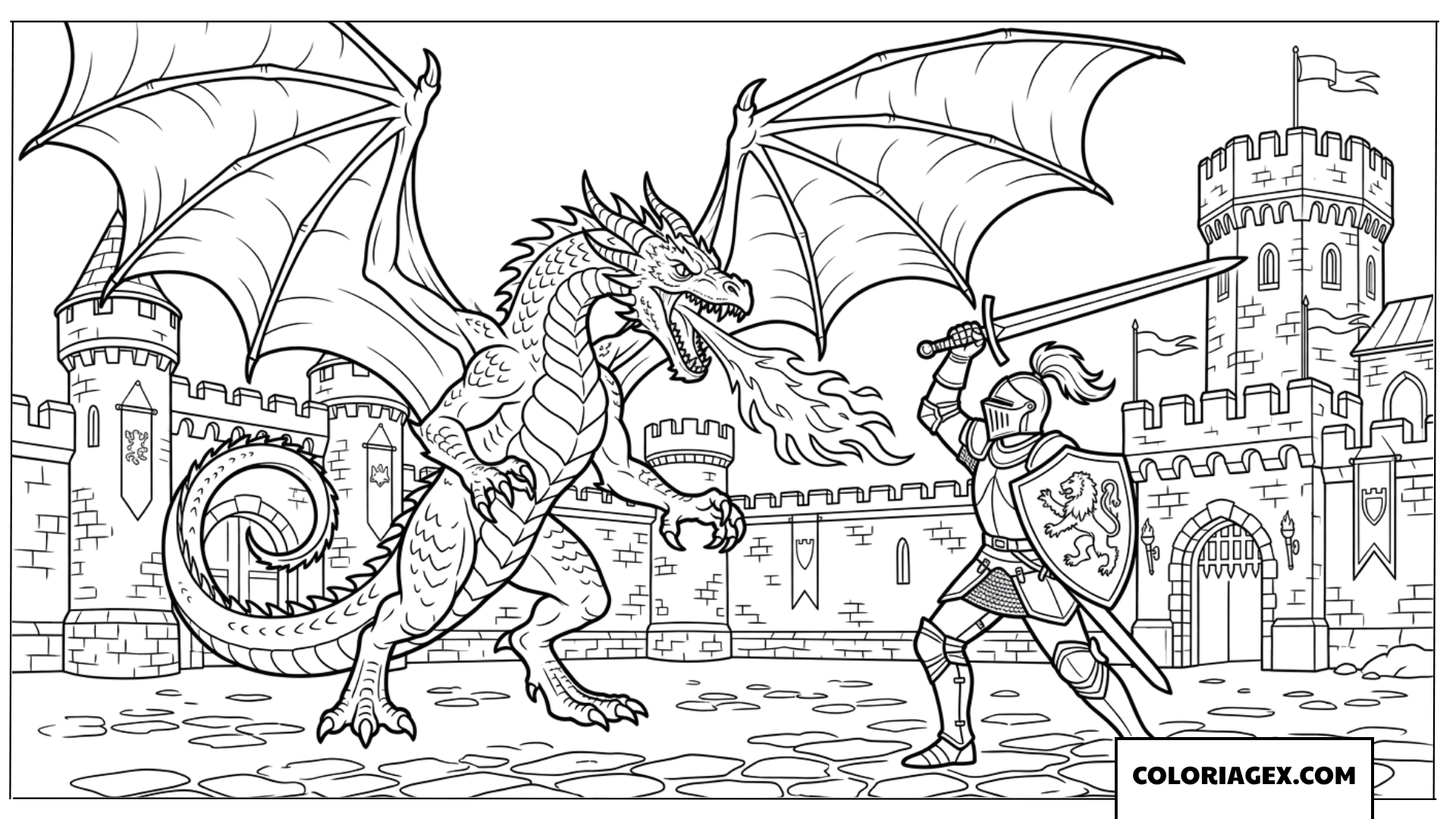 Dessin d'un dragon crachant du feu contre un chevalier