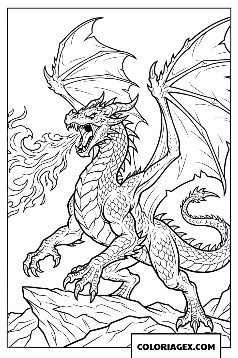 Dessin d'un dragon crachant du feu sur un rocher à colorier