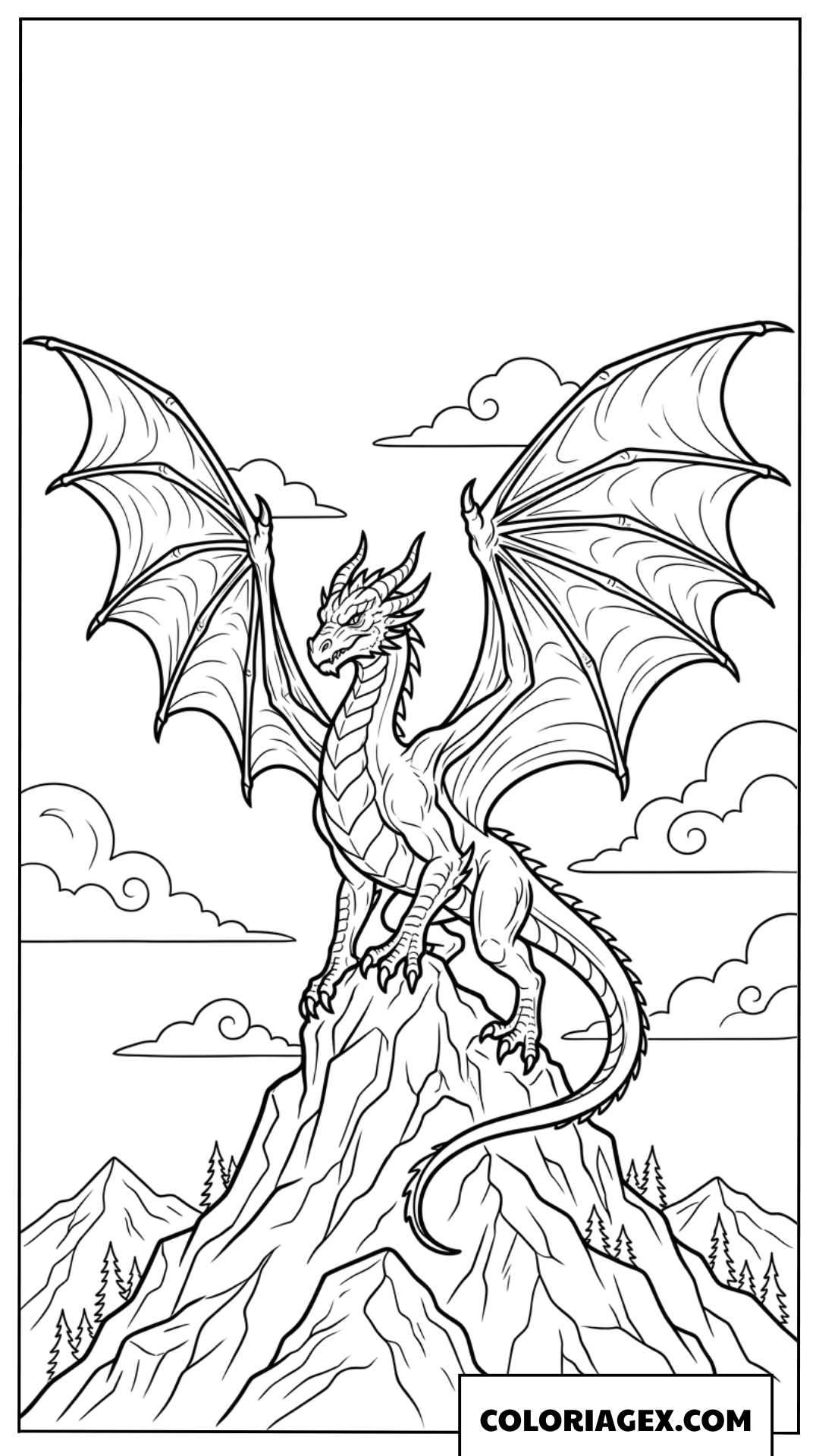 Dessin d'un dragon debout sur une montagne