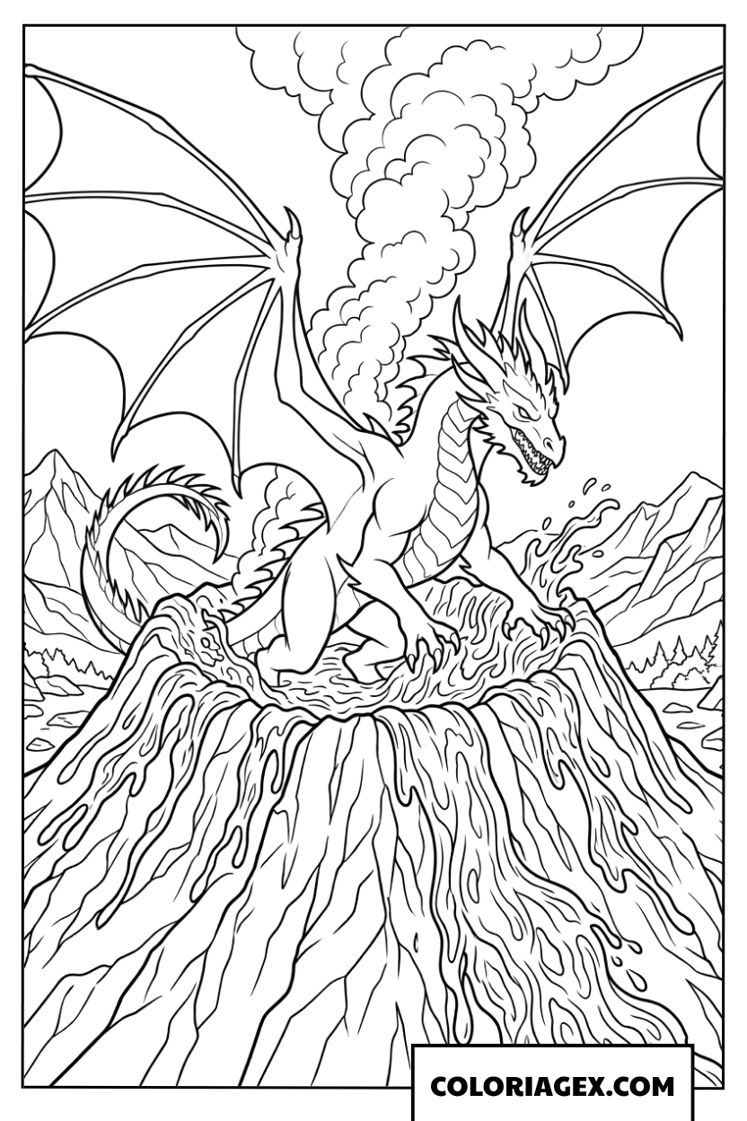 Dessin d'un dragon sortant d'un volcan en éruption à colorier