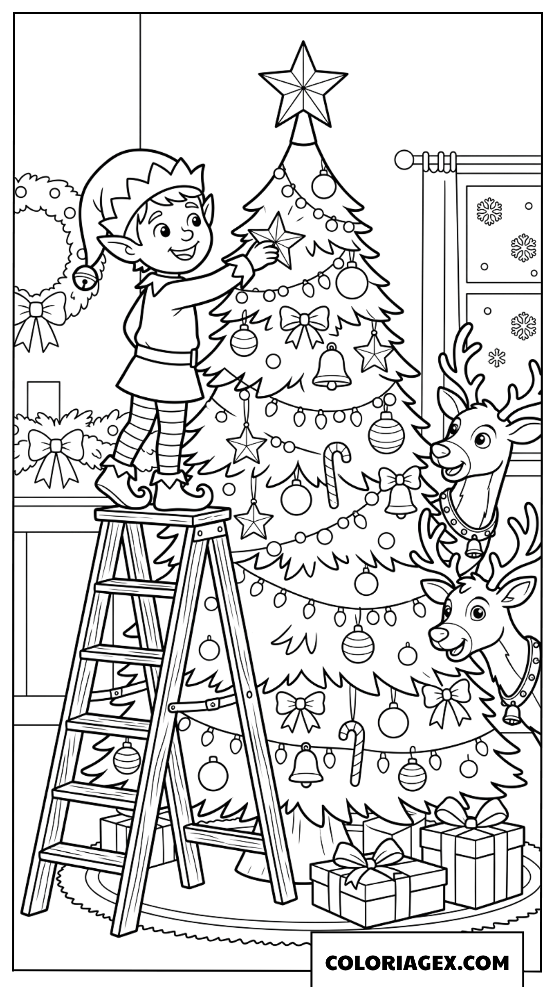 Dessin d'un elfe décorant le sapin de Noël avec des rennes à colorier