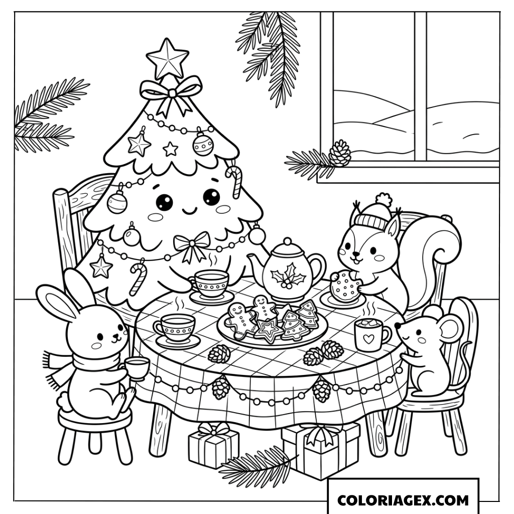 Dessin d'un goûter de Noël kawaii avec des amis animaux