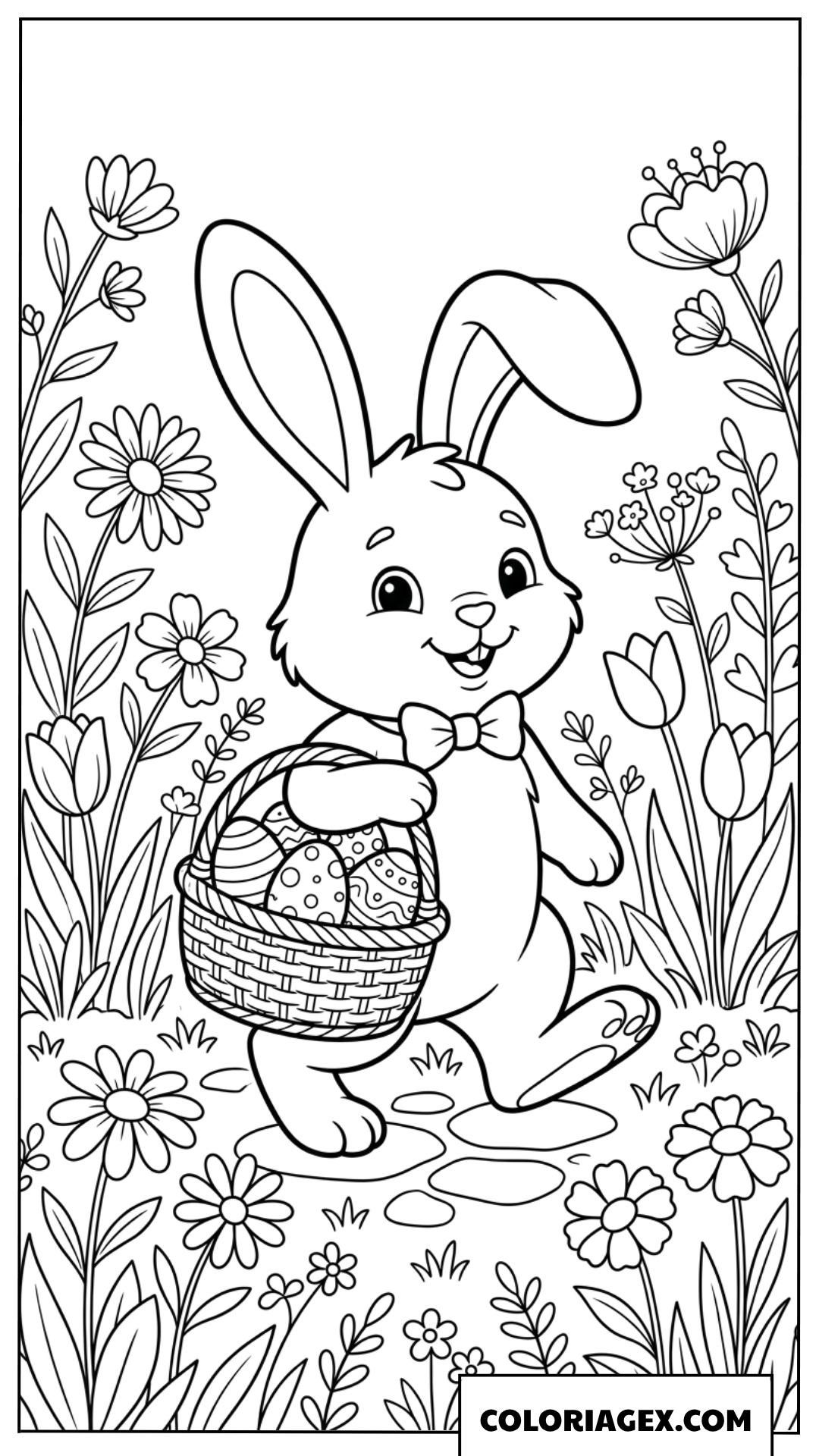 Dessin d'un lapin de Pâques joyeux marchant dans un champ de fleurs