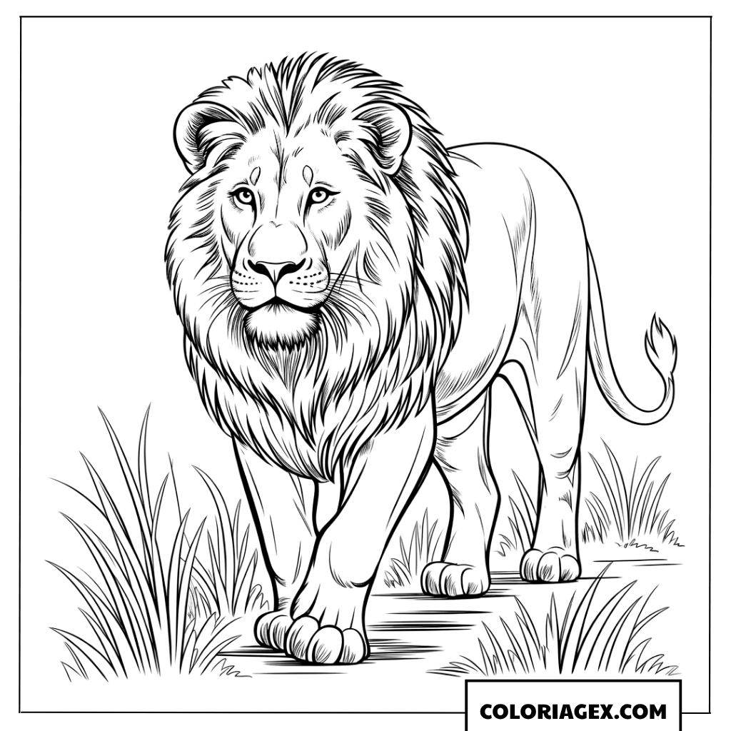 Dessin dun lion majestueux qui marche sur un sentier a colorier
