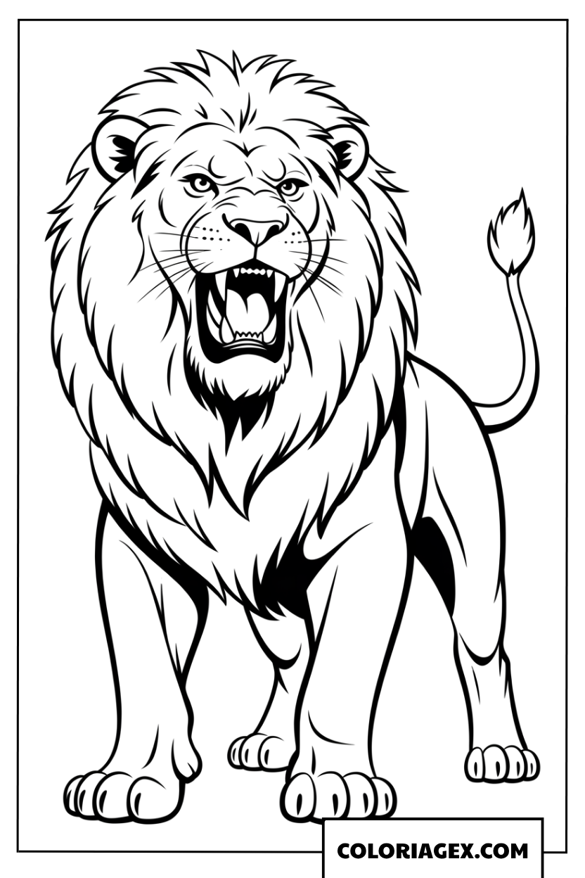 Dessin dun lion puissant qui rugit de face a colorier