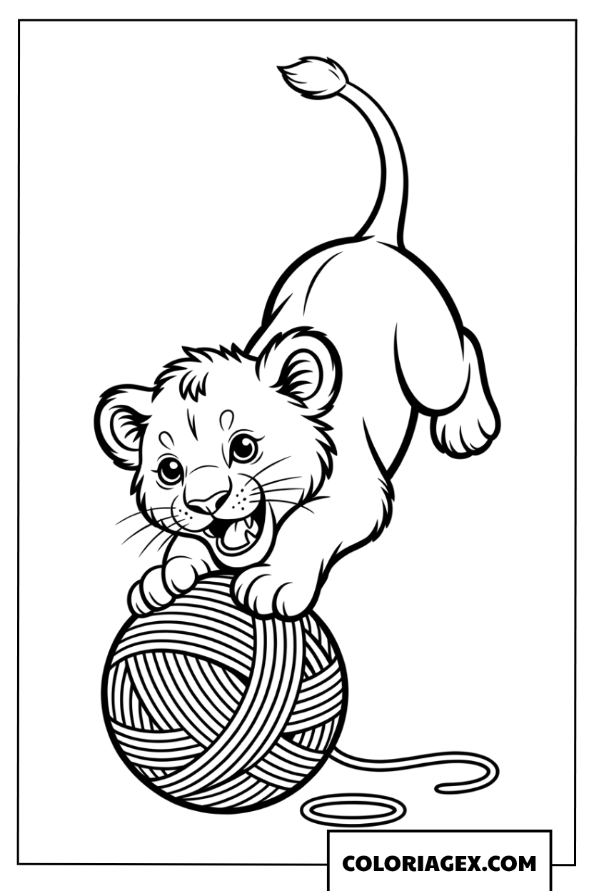 Dessin dun lionceau espiegle qui joue avec une grande pelote de laine a colorier