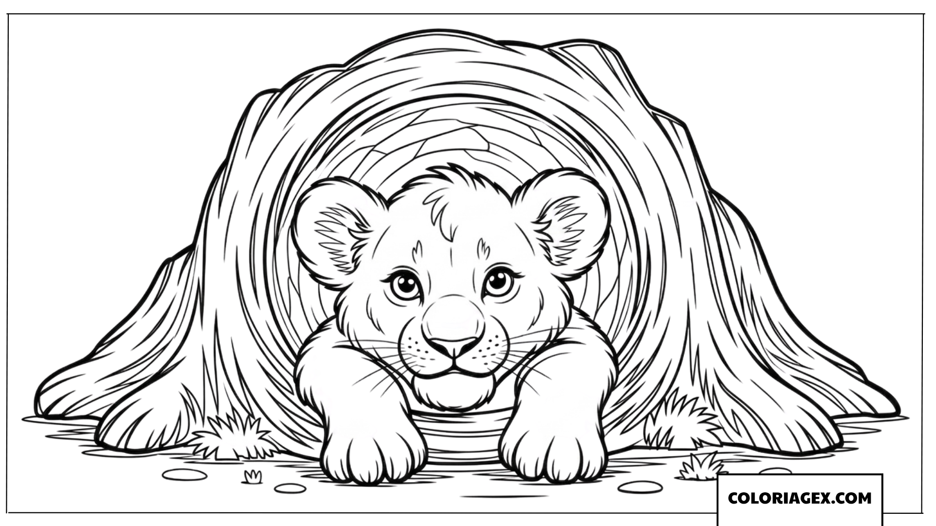 Dessin dun lionceau mignon cache dans sa taniere de tronc darbre