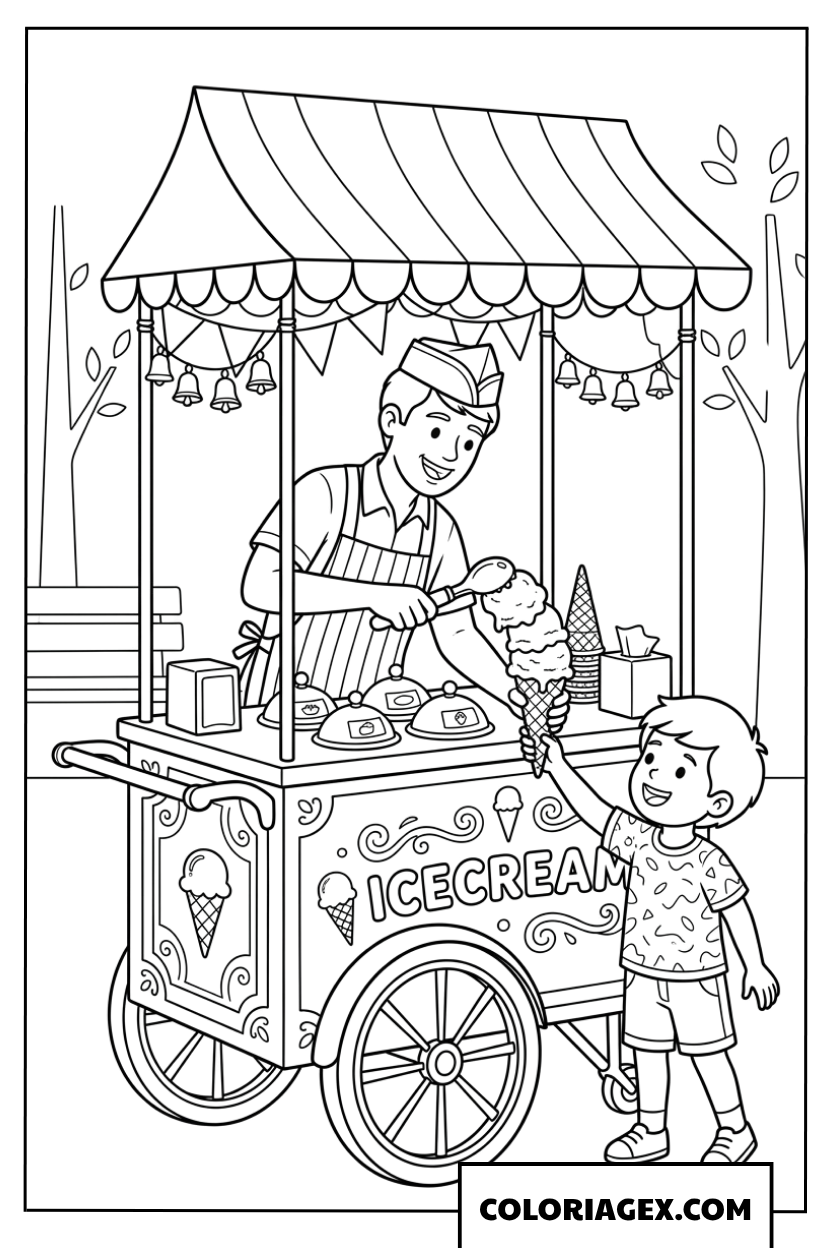 Dessin d'un marchand de glaces servant un enfant