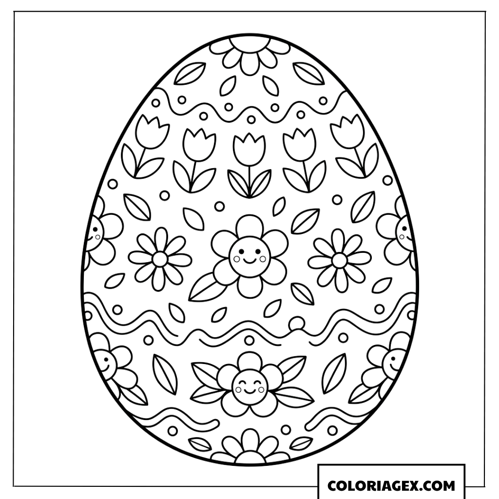 Dessin d'un œuf de Pâques géant avec des motifs de fleurs souriantes