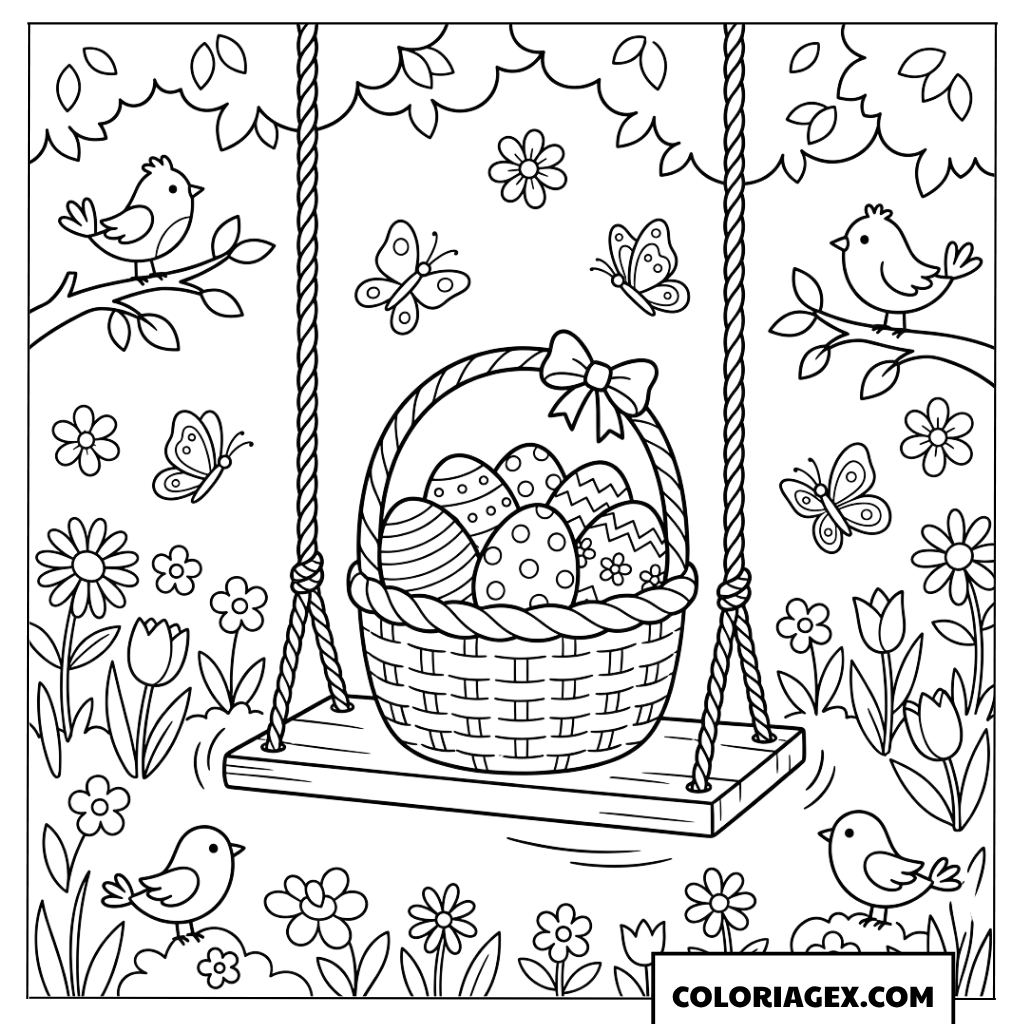 Dessin d'un panier d'œufs de Pâques sur une balançoire