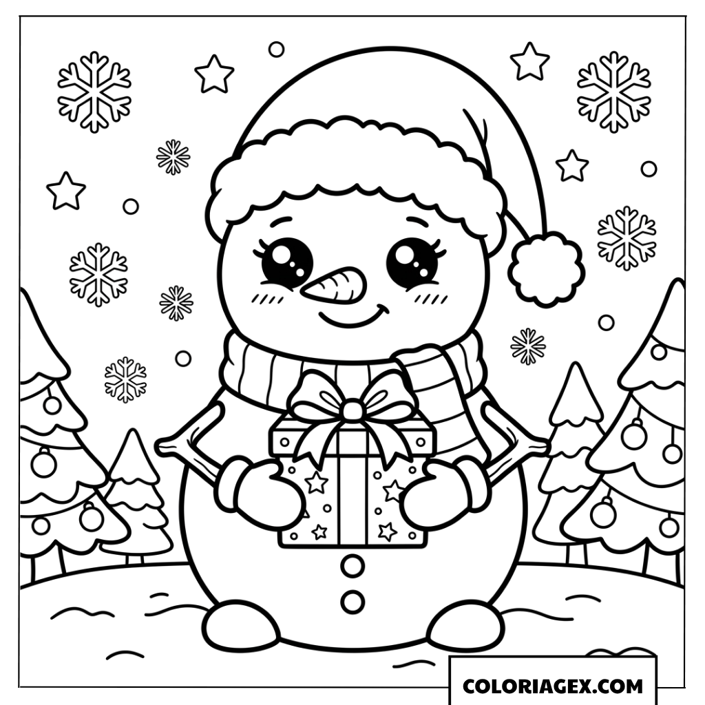 Dessin d'un petit bonhomme de neige avec un cadeau de Noël