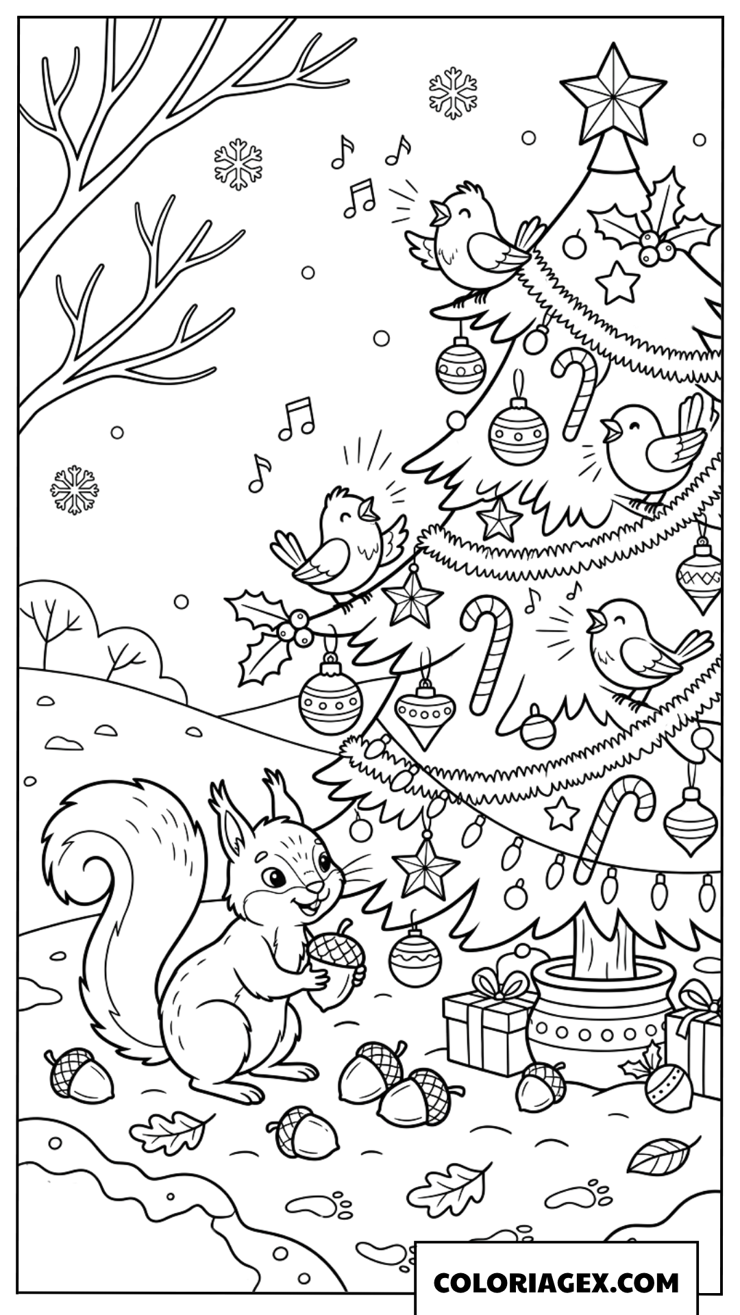 Dessin d'un petit écureuil et d'oiseaux chantant près du sapin de Noël