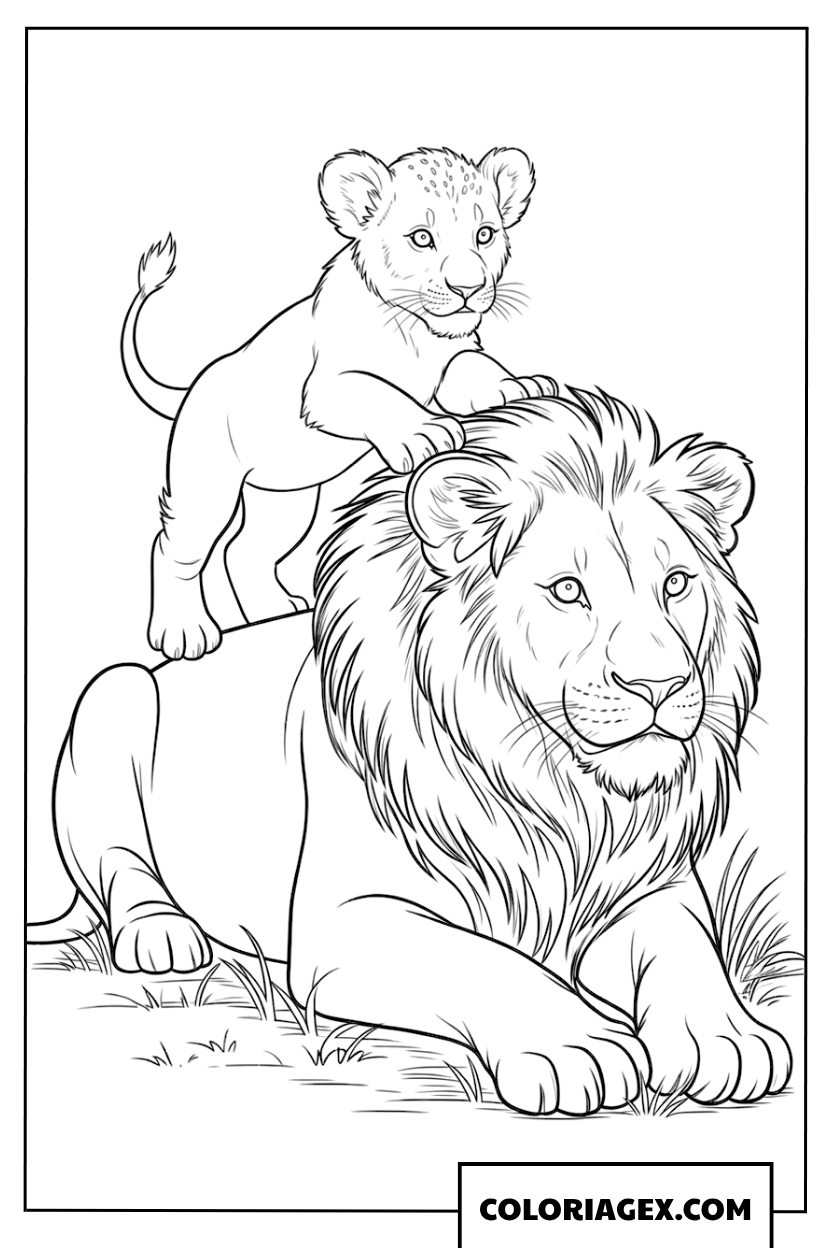 Dessin dun petit lionceau courageux grimpant sur le dos de papa lion