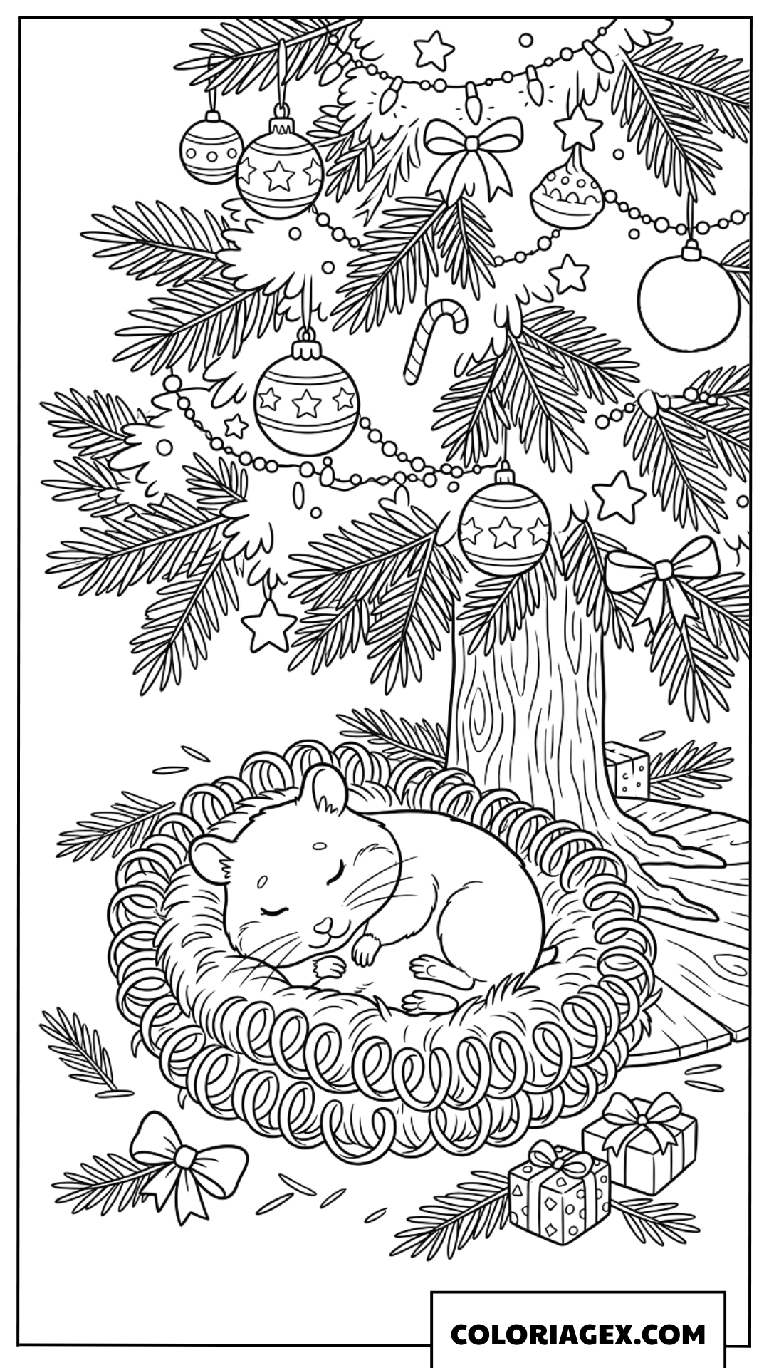 Dessin d'un petit mulot dormant sous le sapin de Noël à colorier