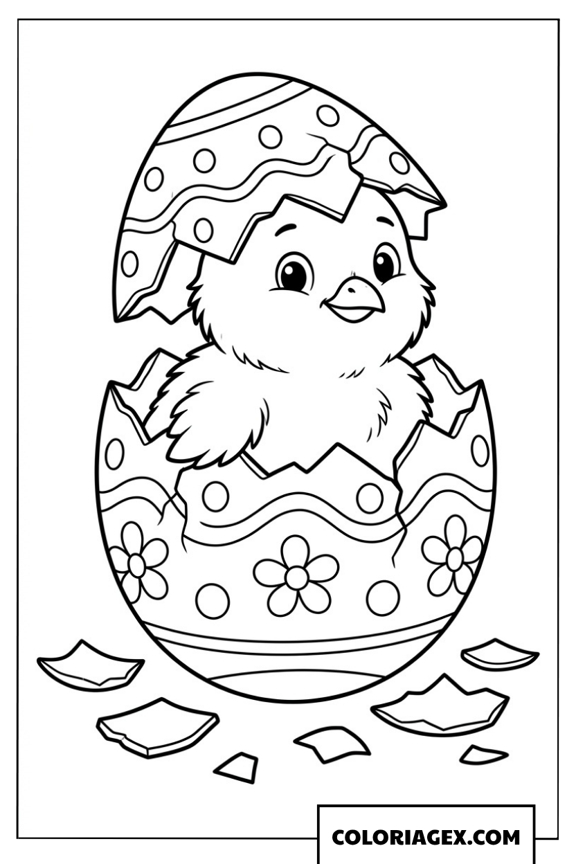 Dessin d'un petit poussin sortant d'un œuf de Pâques fleuri
