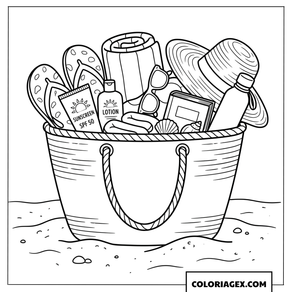 Dessin d'un sac de plage rempli d'accessoires sur le sable