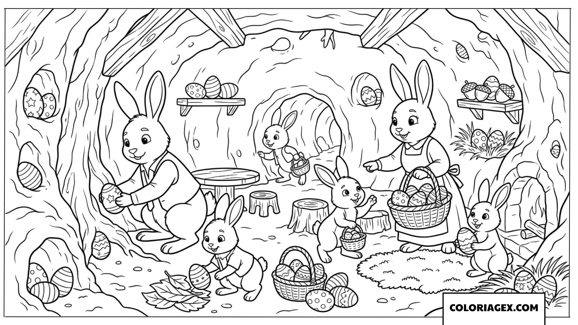 Dessin d'une famille de lapins préparant les œufs dans leur terrier