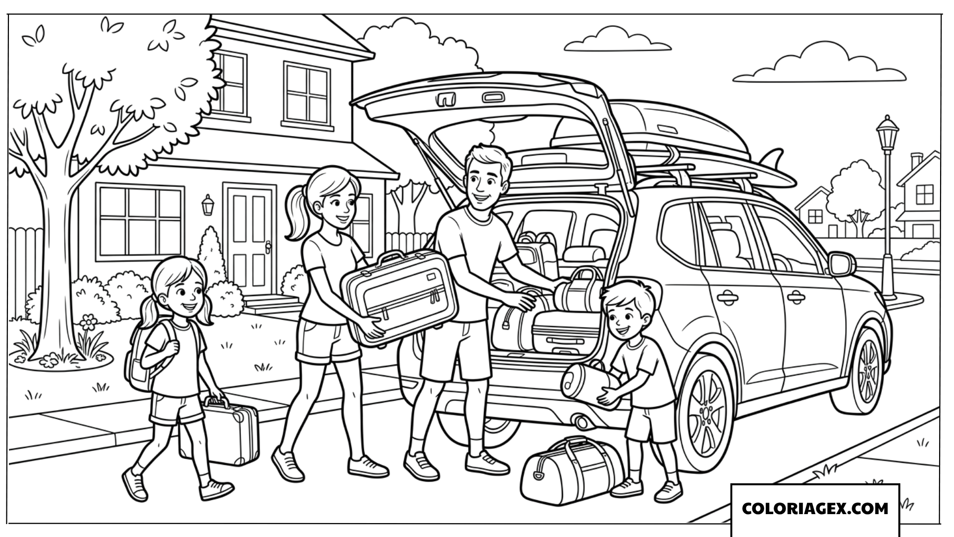 Dessin d'une famille emballant la voiture pour un voyage d'été
