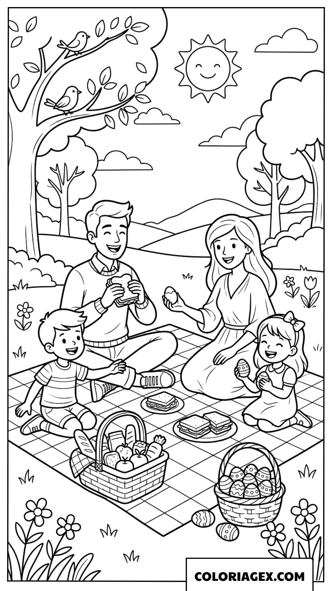 Dessin d'une famille en pique-nique pour fêter Pâques