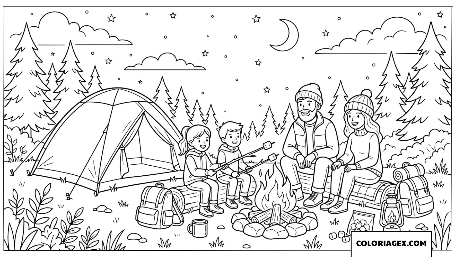 Dessin d'une famille grillant des guimauves autour d'un feu de camp