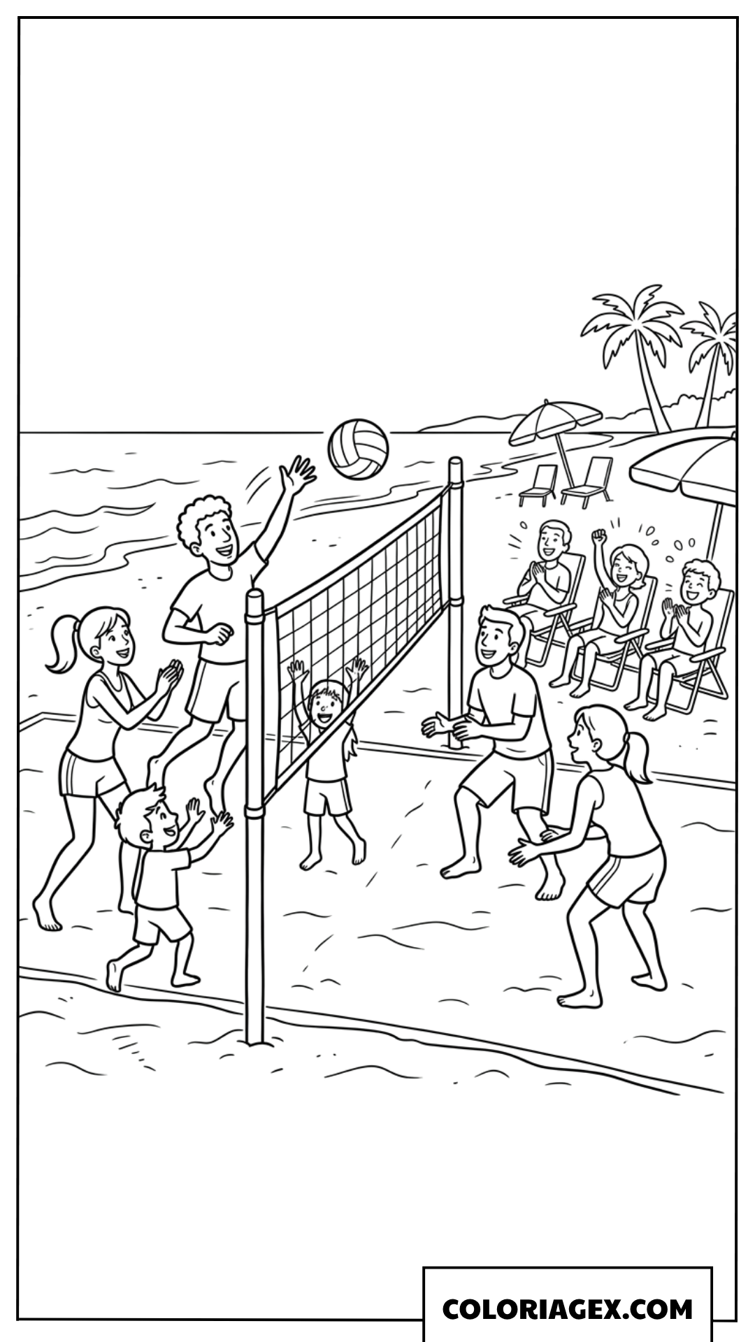 Dessin d'une famille jouant au volley sur la plage ensoleillée