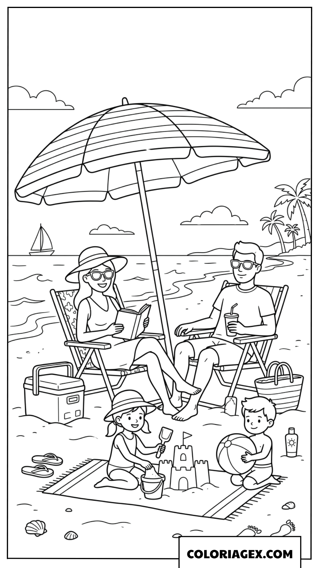 Dessin d'une famille relaxant sous un parasol à la plage
