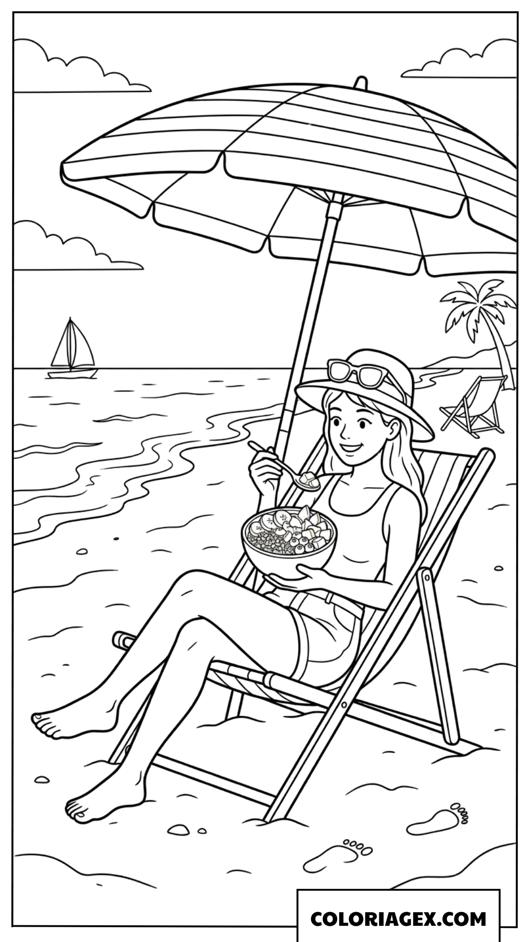 Dessin d'une fille dégustant un bol de smoothie sur la plage