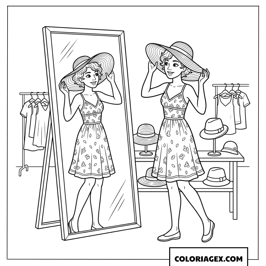 Dessin d'une jeune femme essayant un chapeau de soleil devant le miroir