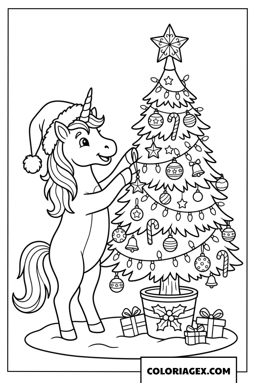 Dessin d'une licorne avec un bonnet de Noël décorant le sapin