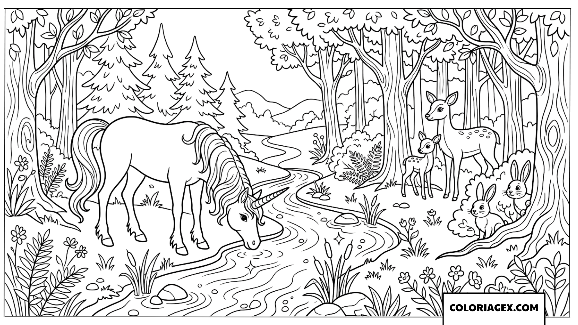 Dessin d'une licorne buvant à la source avec ses amis