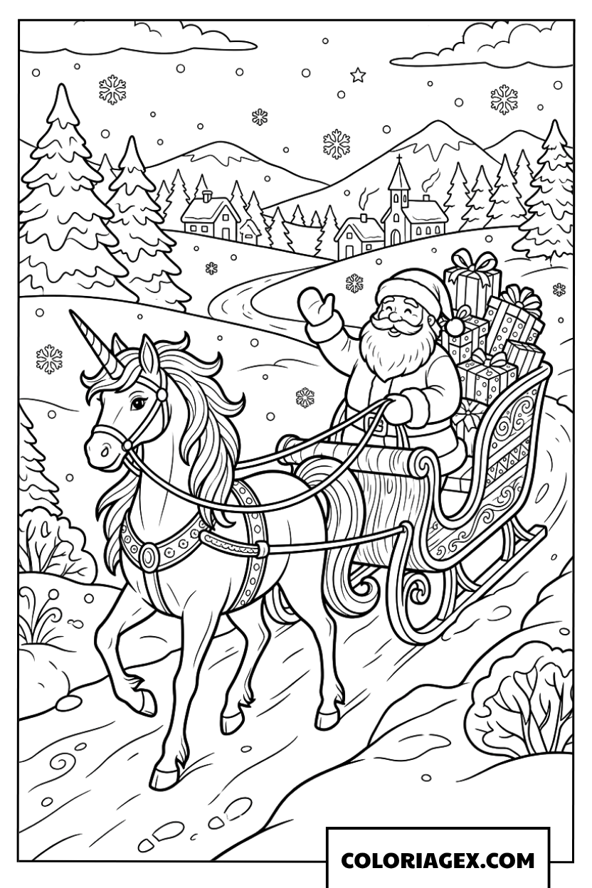 Dessin d'une licorne majestueuse tirant le traîneau du Père Noël