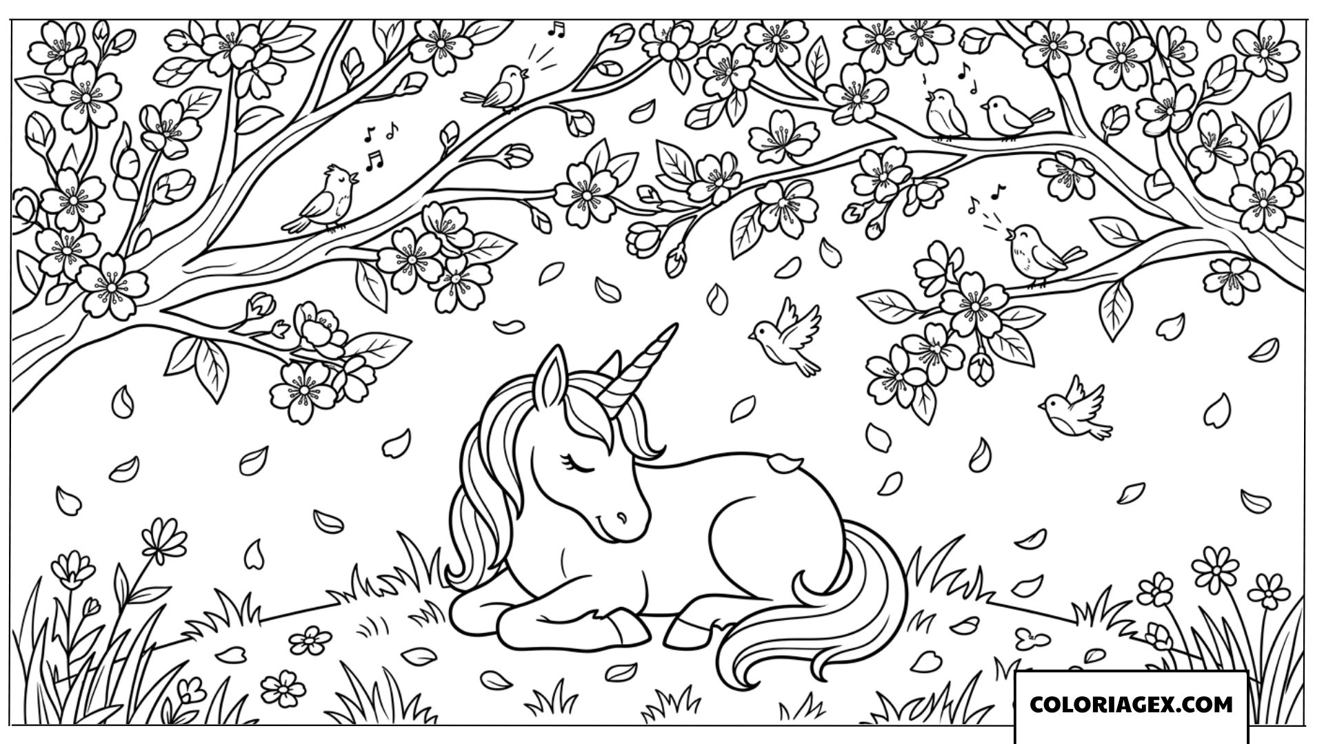 Dessin d'une licorne reposant sous un arbre aux oiseaux