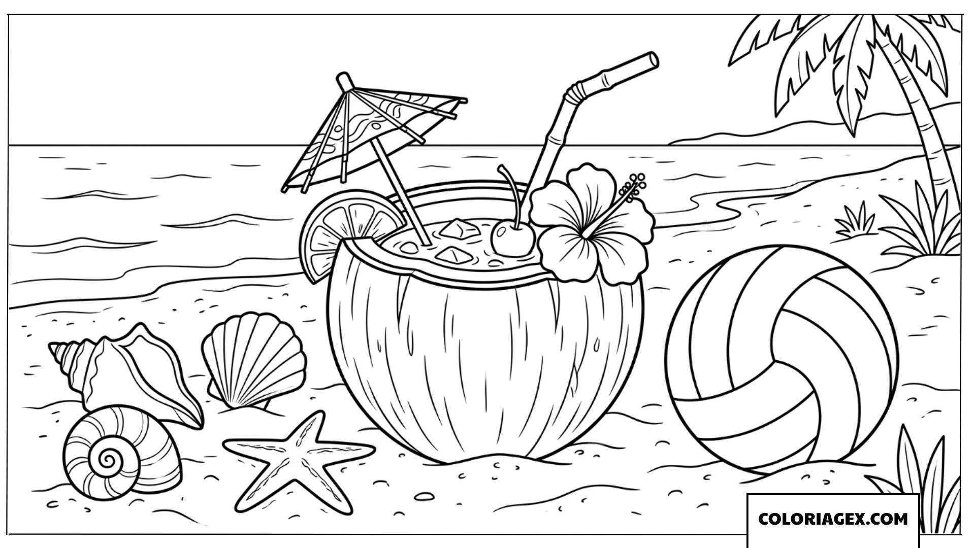 Dessin d'une noix de coco avec un punch tropical au bord de la mer