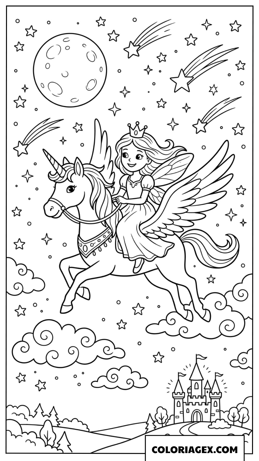 Dessin d'une petite princesse sur sa licorne dans une nuit étoilée