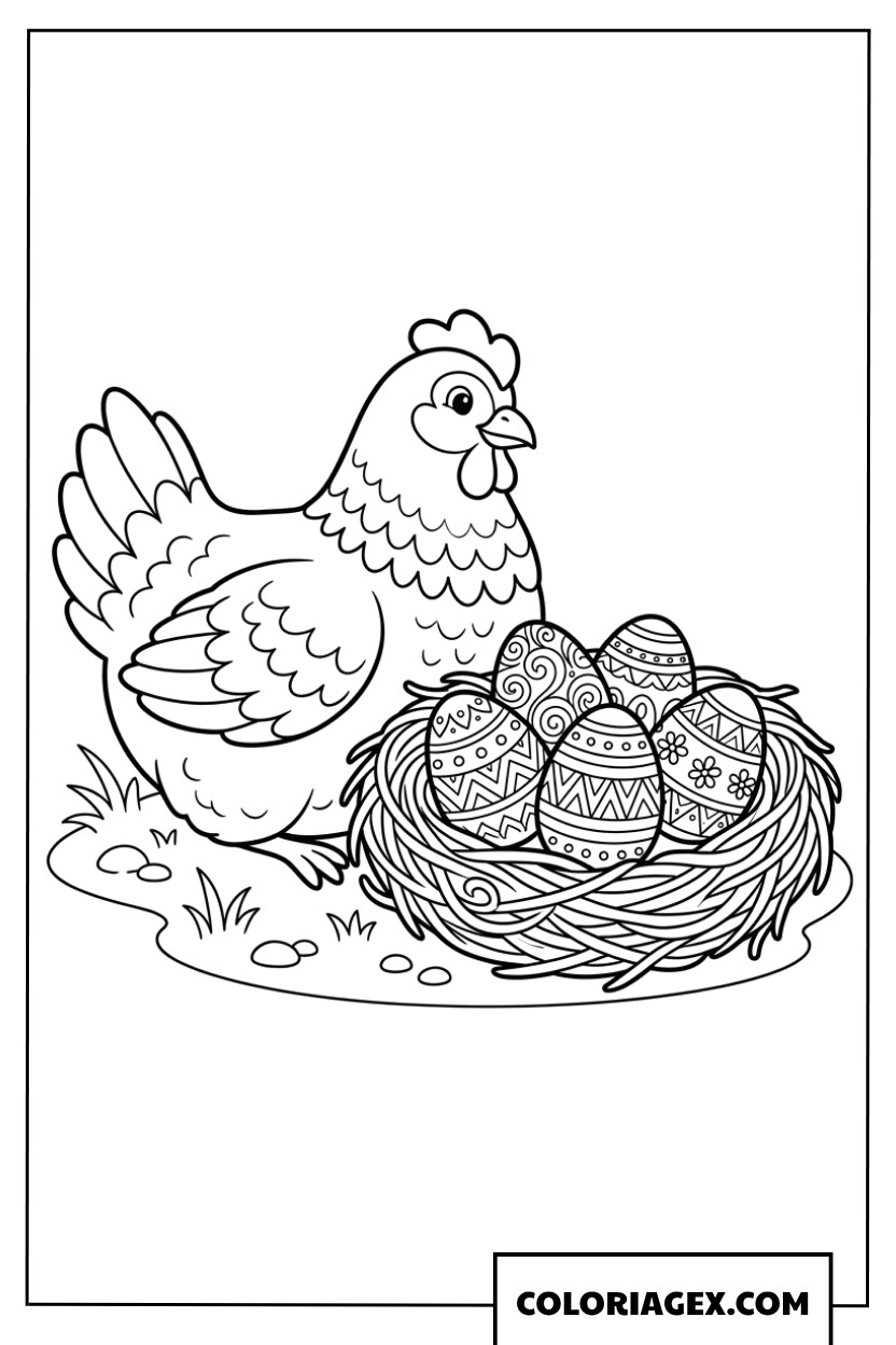 Dessin d'une poule protégeant son nid d'œufs de Pâques