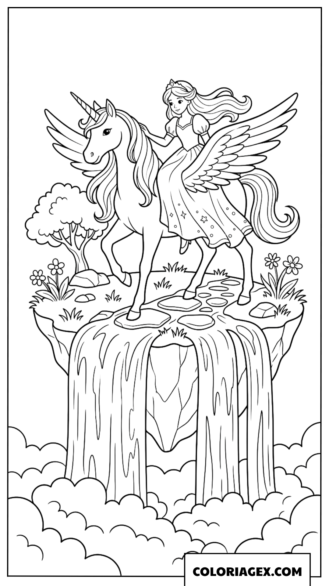 Dessin d'une princesse chevauchant une licorne ailée près d'une cascade