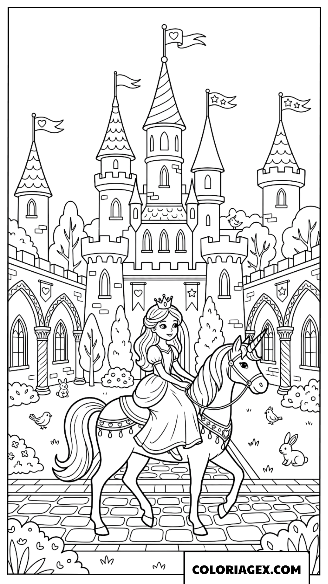 Dessin d'une princesse chevauchant une licorne devant le château