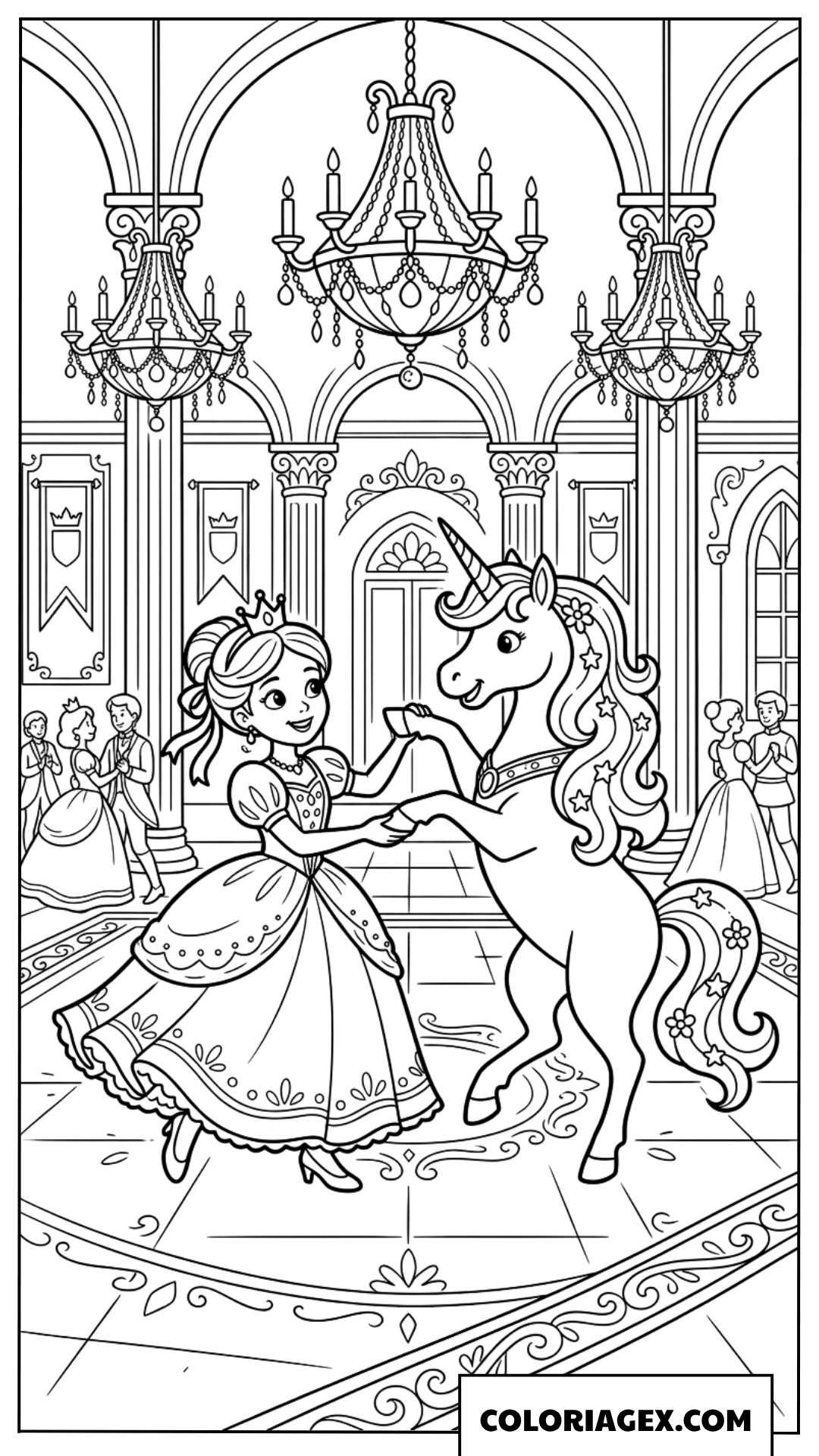 Dessin d'une princesse et une licorne dansant au bal royal