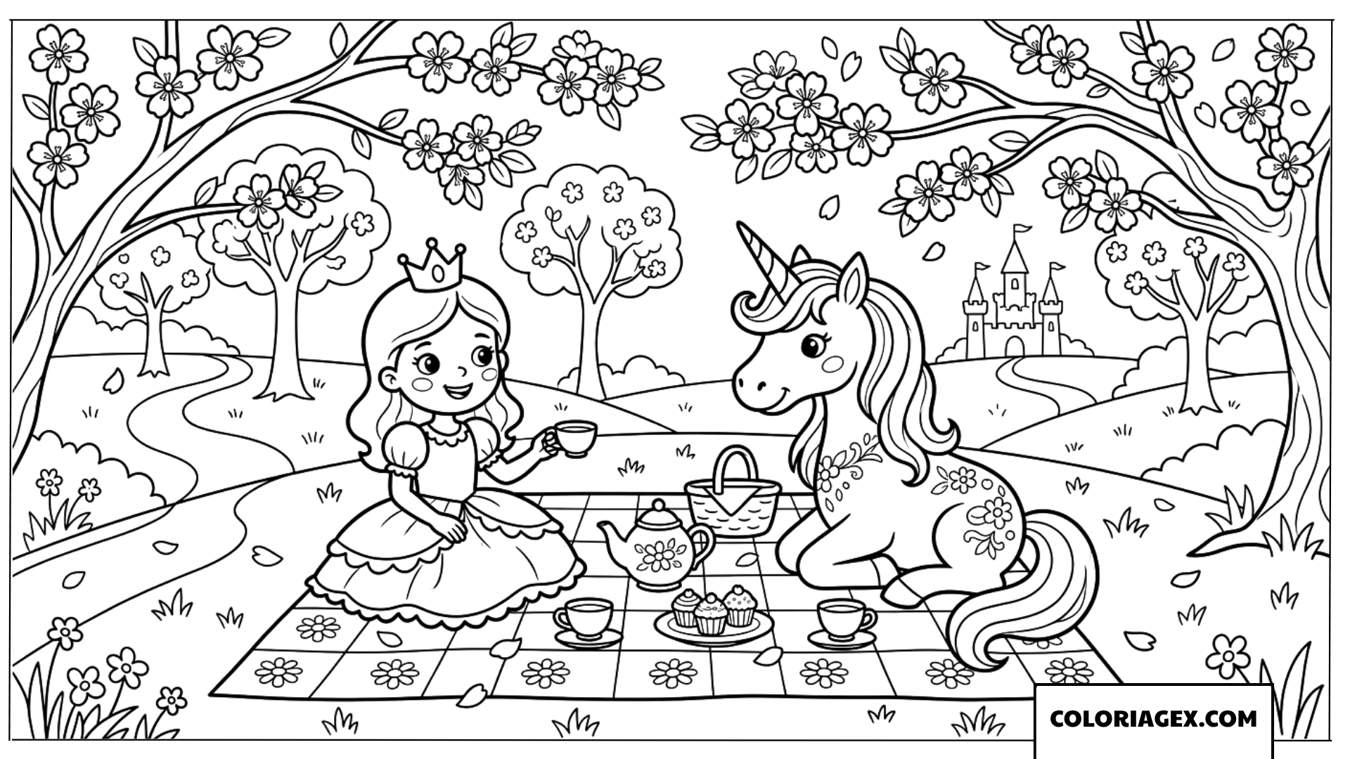 Dessin d'une princesse et une licorne profitant d'un thé dans le jardin