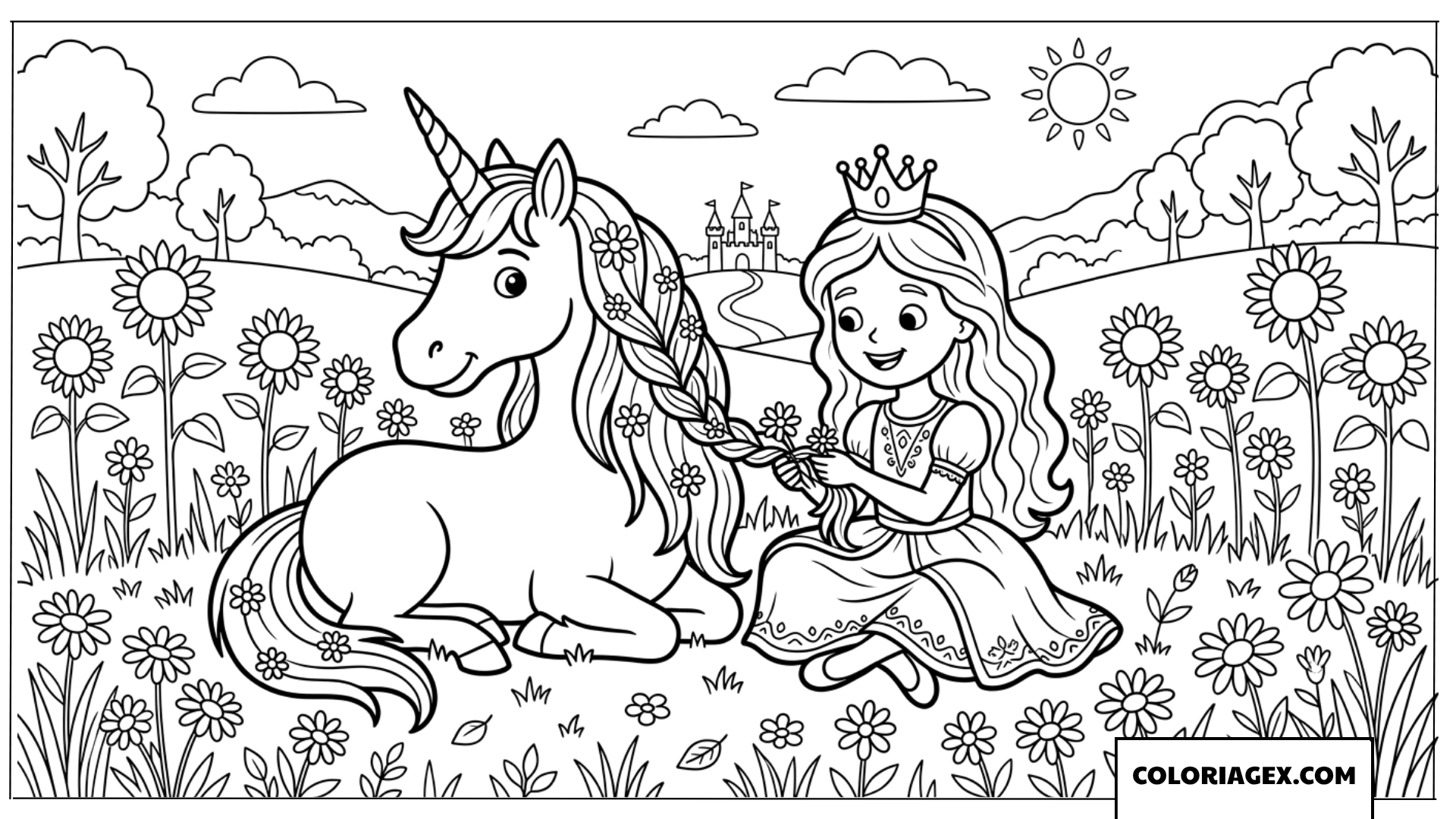 Dessin d'une princesse tressant des fleurs dans la crinière d'une licorne